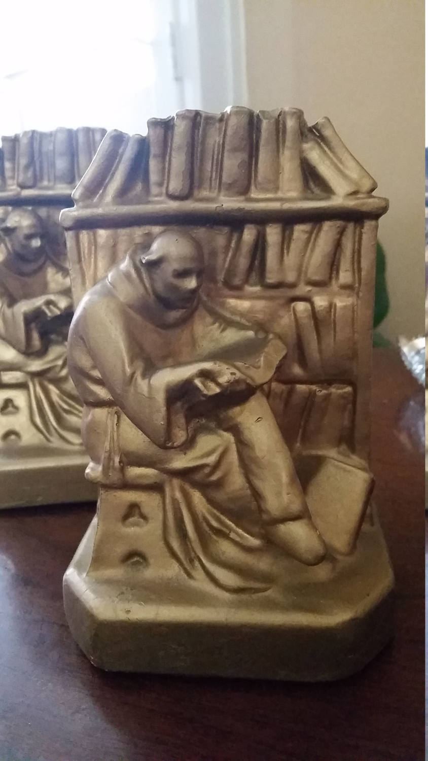 Vintage Plaster Bookends Depicting a Monk Reading in a