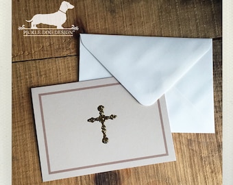 DOLLAR DEAL! Cross. Note Cards (Set of 3) -- (Vintage-Style, Baptism, Christening, Confirmation, Communion, Simple Thank You, Gold Foil)