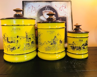 Vintage Aluminum Canister Set by Kromex. Mustard Yellow in Color with Brown Barn/Farm Scene. Flour, Tea and Sugar.