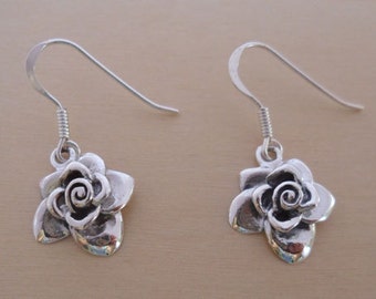 925 Sterling Silver, Drop Dangling Rose Flower Earrings