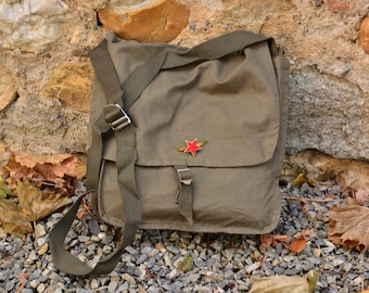 Canvas Crossbody Bag,Military Canvas Bag,Green Army Bag,Military Crossbody Bag,Unisex Canvas Bag,School Bag,Soviet Red Star Pin,Gift For Him