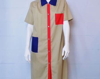Vintage Beige Red Blue Snap Front House Dress