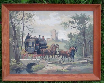 Vintage Horses Carriage Coachmen Castle Paint By Number Painting Large Framed 27 x 21 Inches 1950s