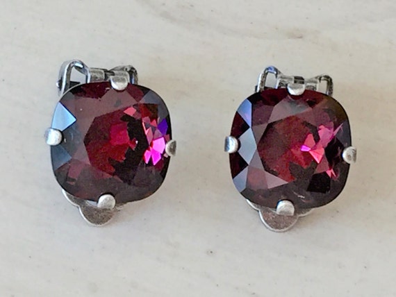 Burgundy Crystal Clip On Earrings, Antique Silver