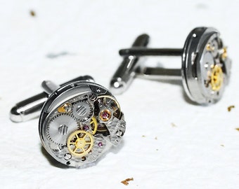 BULOVA Men Steampunk Cufflinks - Rare Silver TEXTURED Vintage Watch Movement Men Steampunk Cufflinks Cuff Links Men Fathers Day Gift for Men