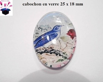 1 cabochon glass 25mm x 18mm bird theme