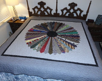 One of a kind 80x86 sized quilt made with mens neckties