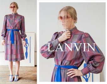 80s LANVIN muted mauve & grey geo print dress with mandarin collar and balloon sleeves | SIZE Medium