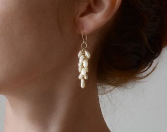 585 gold cluster pearl earrings, birdial white pearl earrings, dungle pearl earrings, wedding jewelry,