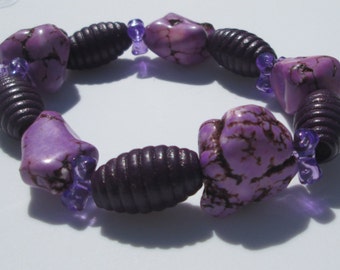 Purple Stretch Bracelet purple stones wood acrylic bead design stretch bracelet hand made by Zipogiabella
