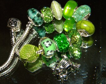 NEW 11/pc Green's European Style Charm (Beads only) Glitter, Paved, Metal, Mixed, large hole spacer charm Beads lot (Agr)