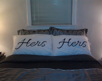 Hers & Hers Pillowcases (100% Cotton) valentine lesbian gift, personalized bedding, Mrs and Mrs, white pillow cases mother's day present