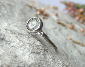 Blue aquamarine ring, Rose Cut aquamarine ring, delicate ring, sterling silver ring, black silver ring, stack ring
