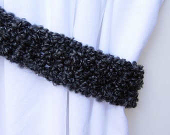 Black & Dark Gray Curtain Tiebacks, One Pair of Soft Thick Tie Backs, Drapery Drapes Holders, Fluffy Soft Crochet Knit, Simple, Customizable