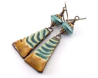 Handmade Earrings, Ceramic Earrings, Rust and Turquoise Earrings, Wire Earrings, Boho Earrings, Artisan Earrings, Rustic Earrings
