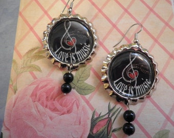 Love Is Music Earrings on Flattened Bottlecaps