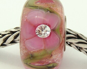Pink Rose Botanical Garden Glaslight Artisan Handmade Lampwork Glass Murano Dichroic Sparkle European Charm BHB Bead SRA