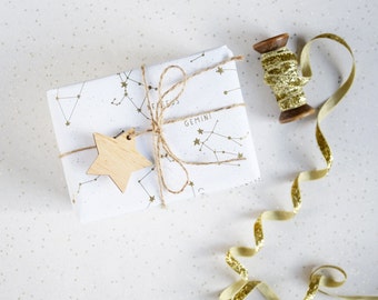 GOLDEN CONSTELLATIONS GIFTWRAP. Wrapping Paper Gold Metallic Star White Gift Wrap Set Tags Unique Holiday Giftwrap Stars Astronomy Birthday