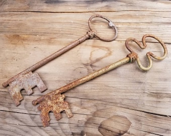 Pair of Two large Oversized Rusty Metal Skeleton Keys