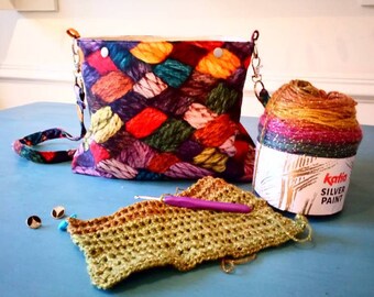 Knitting bag, knitters tote, gift for yarn lover, workbag, craft tote, project storage, fabric shoulder bag, mothers dat gift, WIP bag,