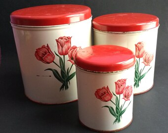 Vintage Red Tulips Decoware Canister Set, Vintage metal canisters , Decoware metal tin canisters, Farmhouse decor - B4