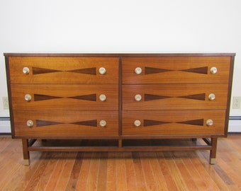 Rare Customized/Restored Mid Century Stanley Walnut & Rosewood Bowtie Dresser