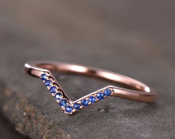 V Ring Curve Wedding Band Blue Sapphire Wedding Ring Stacking Matching Band Sterling Silver Anniversary Ring Rose Gold Plated