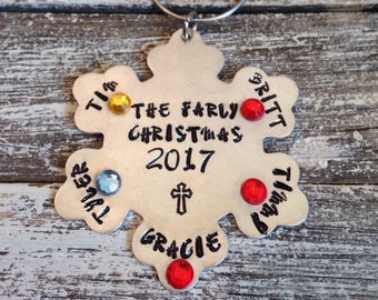 Family Christmas ornaments~ Hand stamped~ personalized~ family members~ birthmonth jewels~ Family ornament
