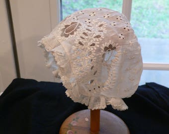 1850s - 1860s Antique Lace Embroidered Baby Bonnet