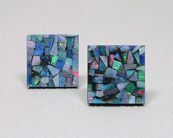 MOSAIC OPAL 10mm Square Cabochon Nickel Free Titanium Post Stud Earrings Artsy Australian Multi Color Gemstone