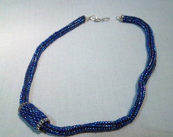 Woven Seed Bead Necklace - Blue with Silver