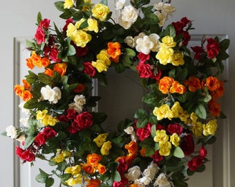 Roses wreath, Fall Wreath, Front Door Wreath, Cottage Chic Wreath, Large Wreath 24in