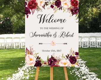 Wedding Welcome Sign Marsala Burgundy Peonies Floral Boho Digital Wedding Reception Sign Bridal Wedding Welcome Poster WS-024