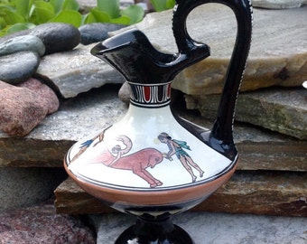 SALE-FREE SHIPPING-Vintage Roman Greece Pottery/Ceramic Pitcher-Decanter-Urn-Vessel-Roman Acrobats/Acrobatics-Greek Art Pottery-Greece Made