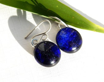 Simple Two Tone Blue Dichroic Glass Dangle Earrings on 925 Sterling Silver Earwires - Fused Glass Jewelry - Round Drop Earrings