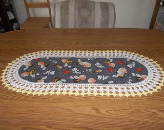 Crochet, Snoopy Table Runner Charlie Brown Table Runner, Childrens Dresser Scarf, Fabric Center Crocheted Edging, Lace Centerpiece
