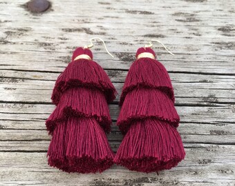 Maroon Silk Tassel Statement Earrings
