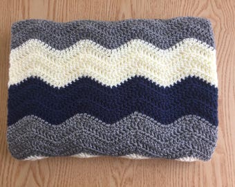 Dark Blue Chevron Baby Blanket/ Crochet Baby Blanket/ Baby Boy Blanket/Ripple Baby Blanket/ Blue Crochet Blanket/ Crochet Throw Blanket