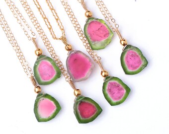 Watermelon Tourmaline Pendant Tourmaline Necklace Pink & Green Slice Gold filled Tourmaline Crystal October Birthstone Tourmaline Jewelry