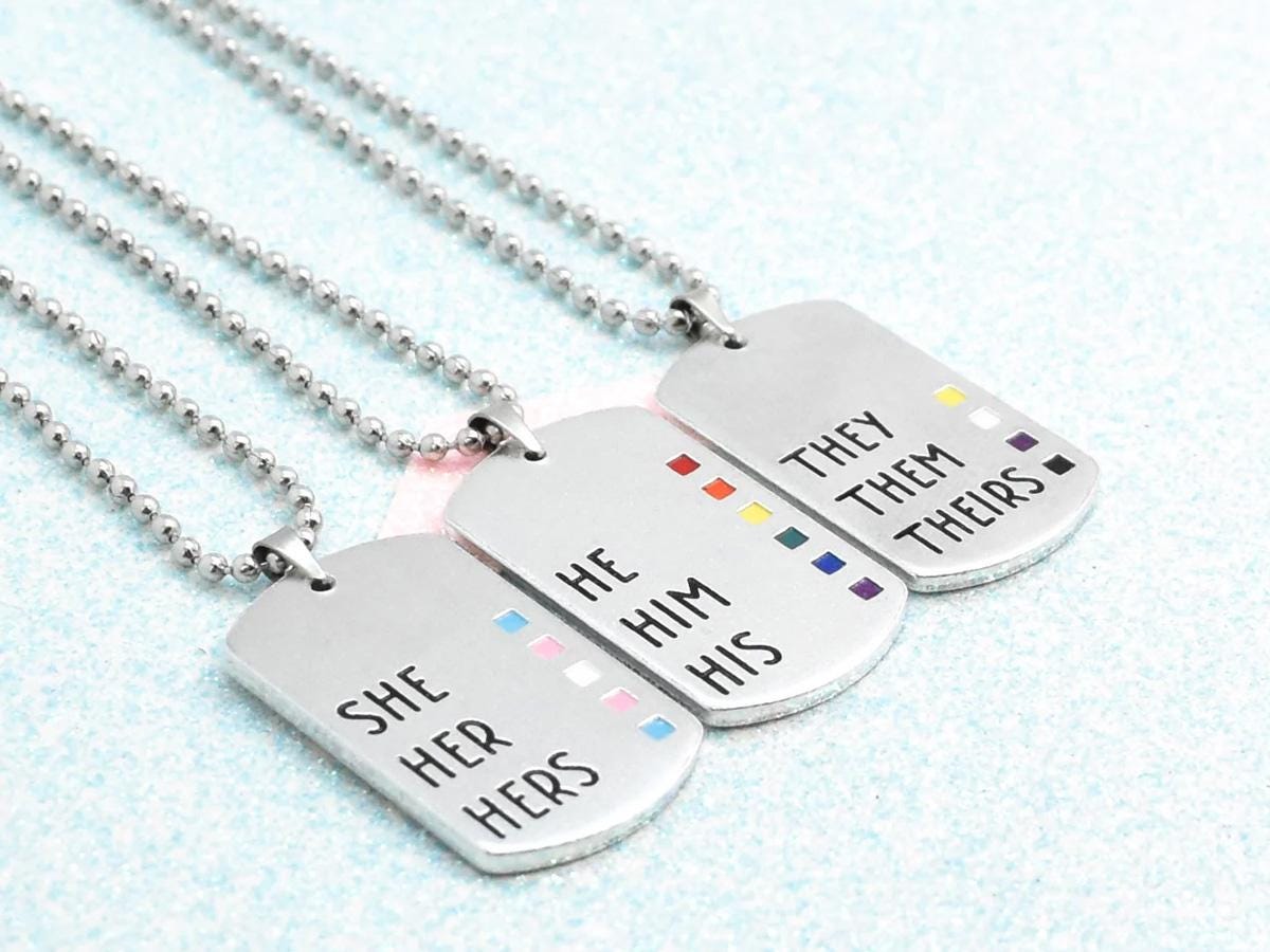 Pronoun necklaces on Etsy