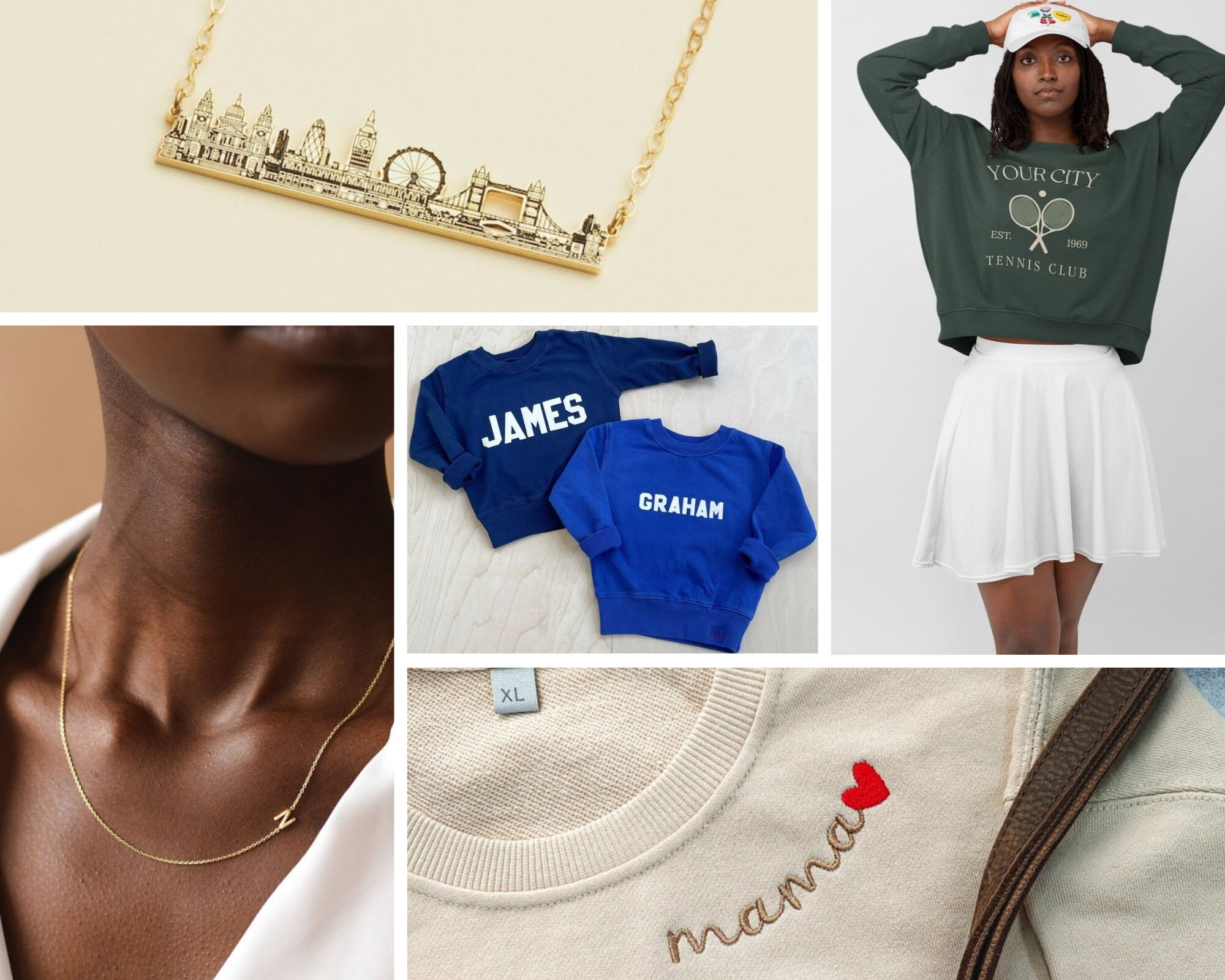 A collection of custom and personalized fashion items from Etsy, including sweatshirts and necklaces.