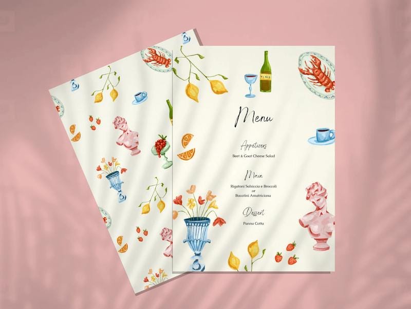 A colorful illustrated menu card with fruits and florals