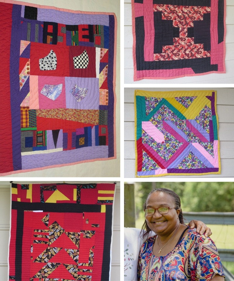 A collage of Gee's Bend quilter Delia Pettway Thibodeaux and her quilts.