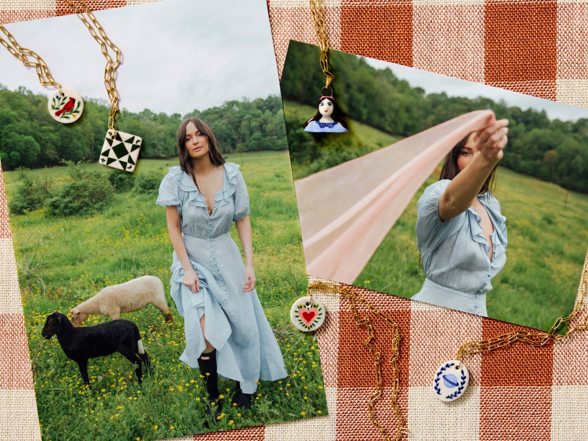 Two photographs of Kacey Musgraves surrounded by Charmed by Kacey charm jewelry