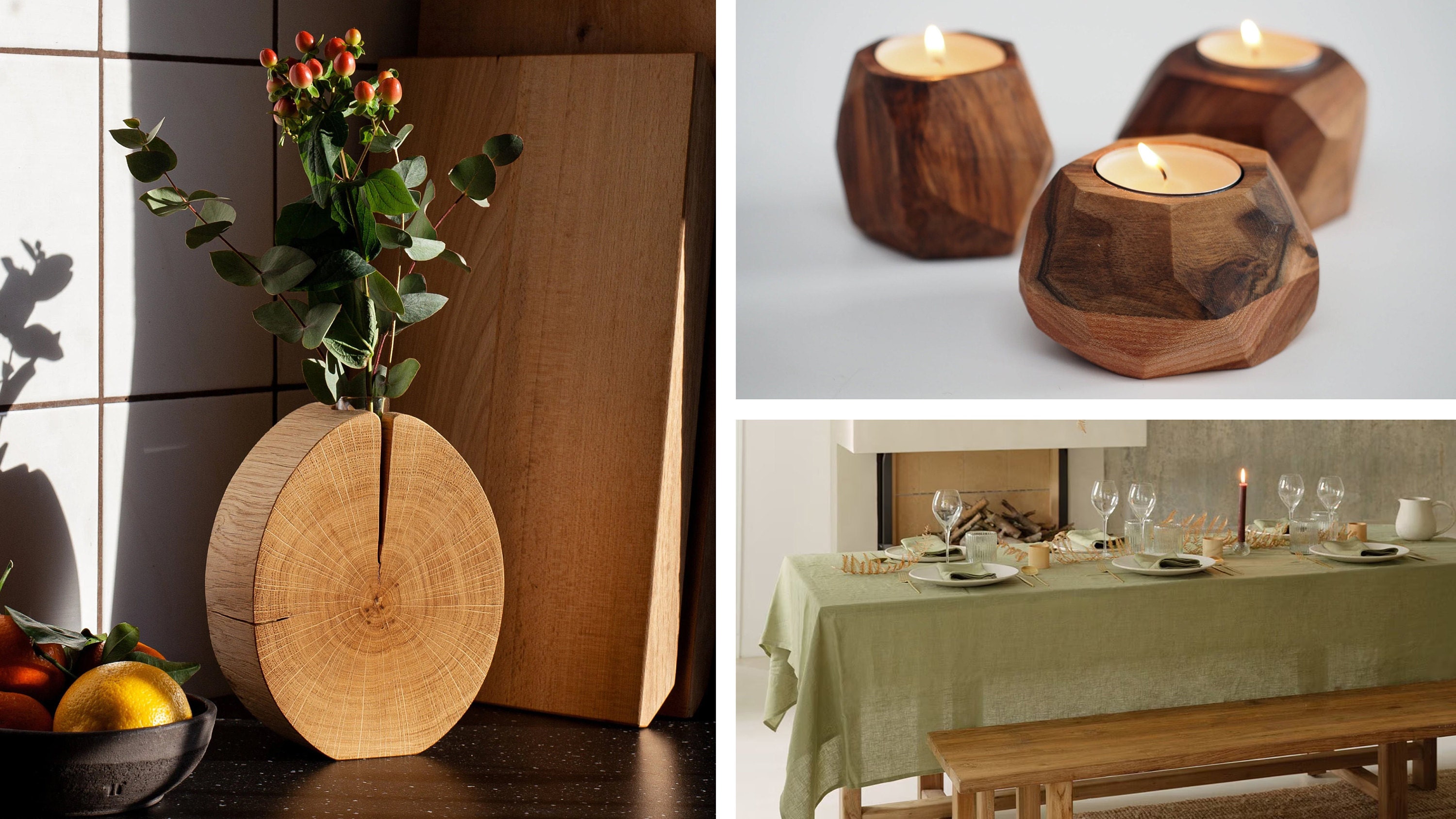 A collage of product photos featuring natural materials