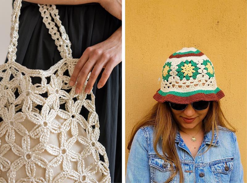 A crochet floral bag and colorful crochet bucket hat