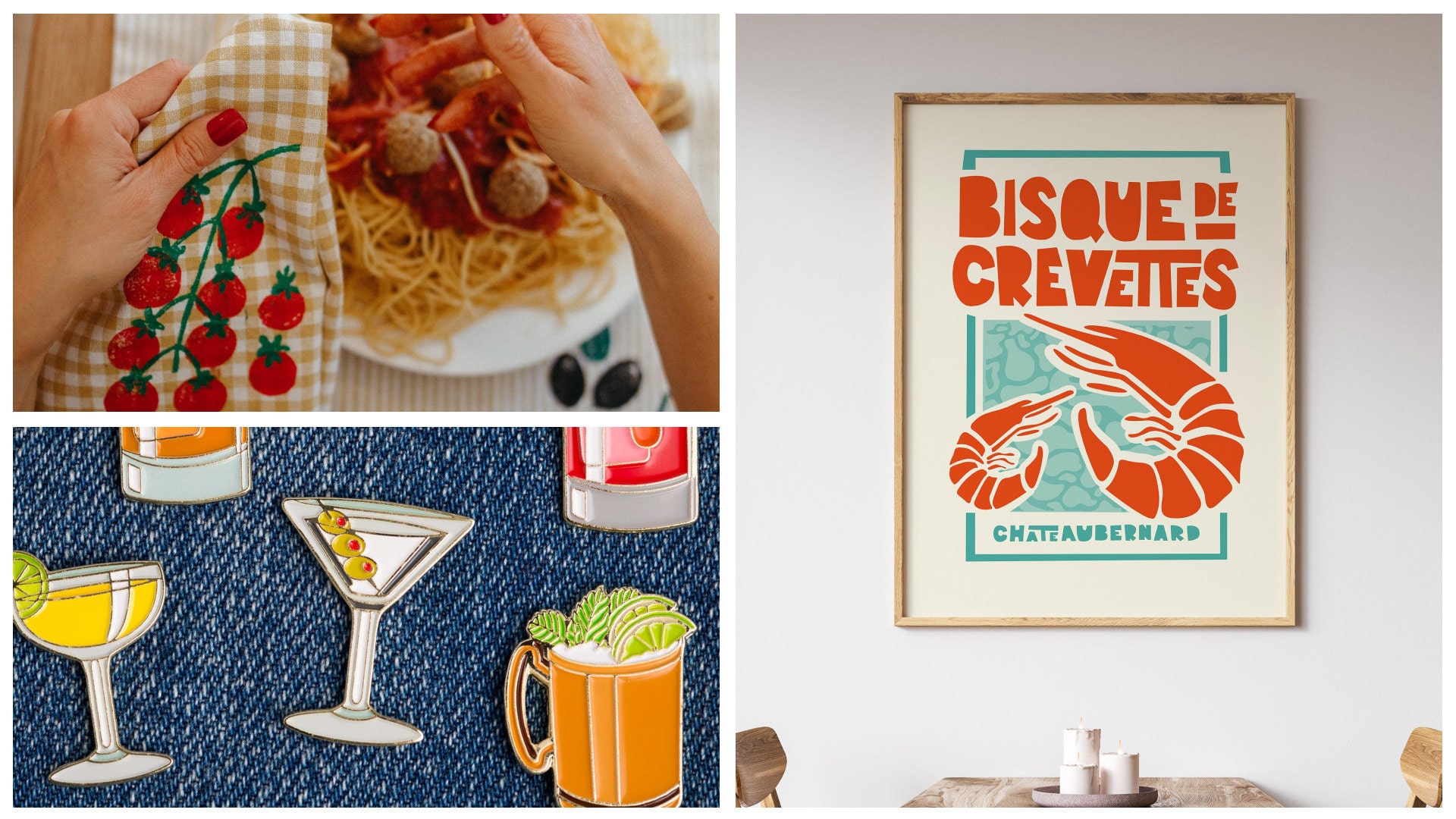 An array of colourful food-related items, including an embroidered napkin with cherry tomatoes, a martini lapel pin, and a retro lobster poster