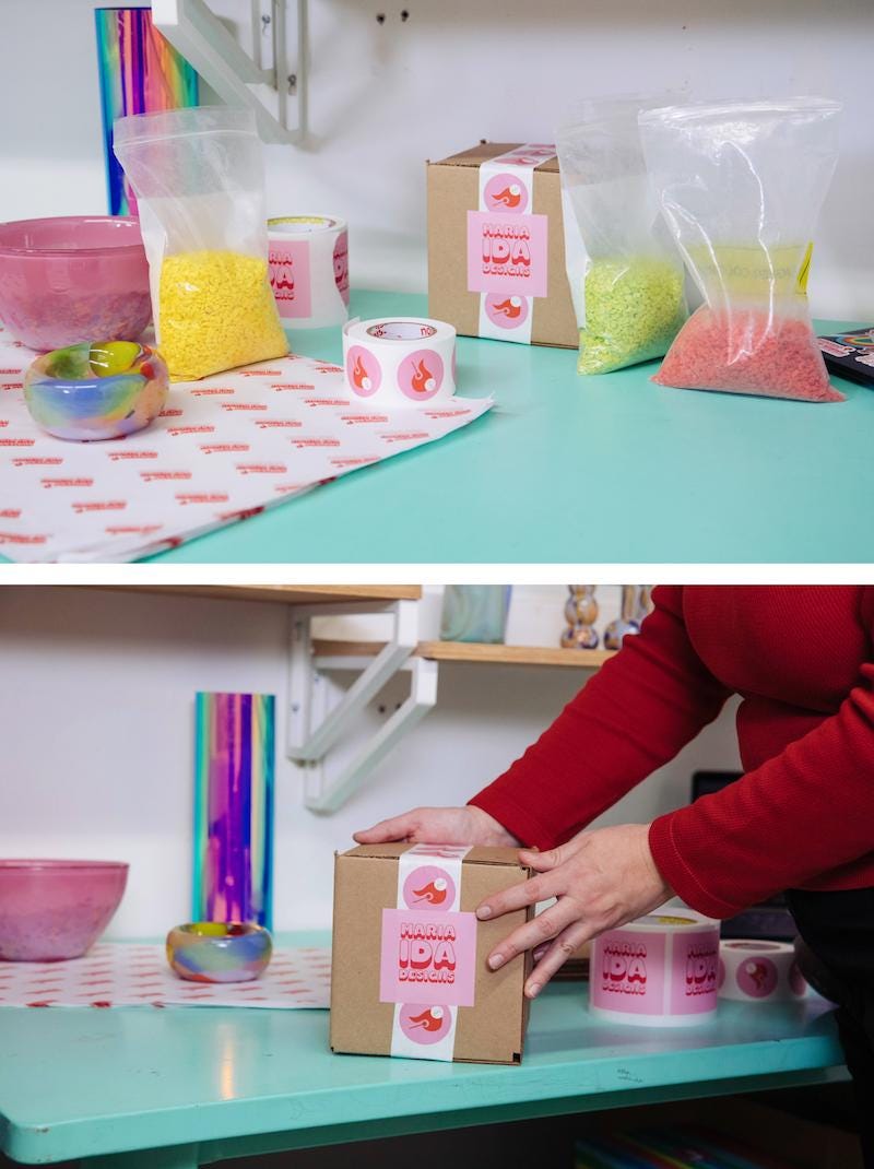 Maria's packaging including branded stickers and tissue paper