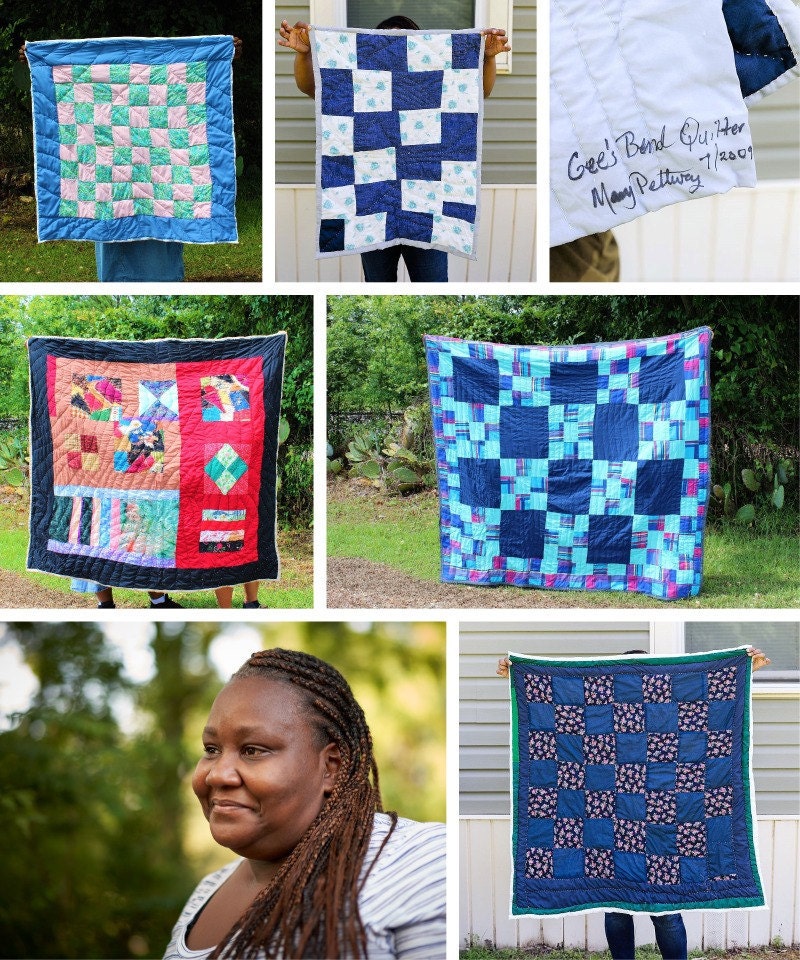A collage of Gee's Bend quilter Mary Elizabeth Pettway and her quilts.
