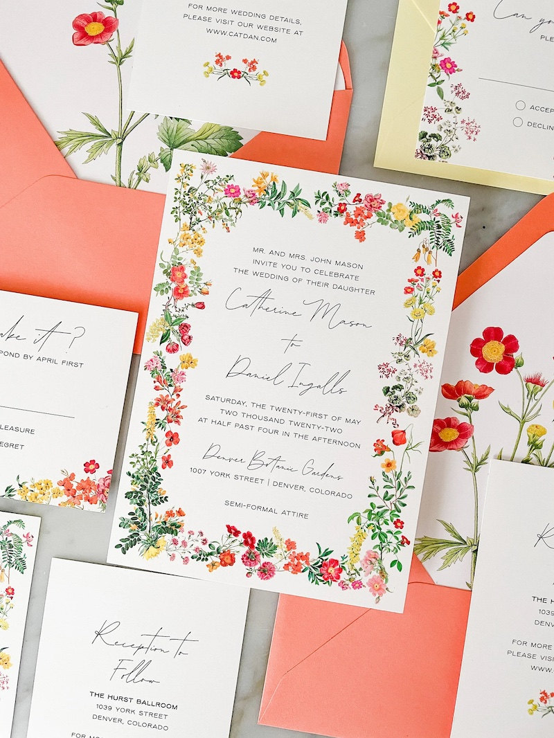 Bright floral wedding invitations from Etsy